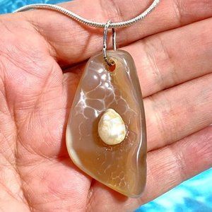 Tampa Bay Fossil Coral Agate & Freeform Pearl Pendant Silver Plated Necklace